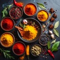 Colorful Spices Flat Lay â Assorted Indian and Asian Seasonings Royalty Free Stock Photo