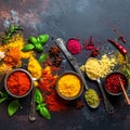 Colorful Spices Flat Lay â Assorted Indian and Asian Seasonings Royalty Free Stock Photo