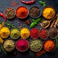 Colorful Spices Flat Lay â Assorted Indian and Asian Seasonings Royalty Free Stock Photo