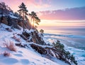 Snowy Cliffside Pines at Frozen Seashore â AI Generated Landscape Royalty Free Stock Photo