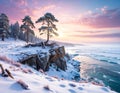 Snowy Cliffside Pines at Frozen Seashore â AI Generated Landscape Royalty Free Stock Photo