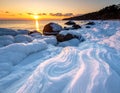 Frozen Rocks by the Sea at Sunset â Winter Landscape Photography Royalty Free Stock Photo