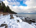 Snowy Coastline with Rocks and Sea Royalty Free Stock Photo