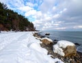 Snowy Coastline with Rocks and Sea Royalty Free Stock Photo
