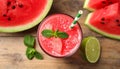 Delicious fresh watermelon drink on wooden table, top view Royalty Free Stock Photo