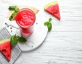 Delicious fresh watermelon drink on wooden table, top view Royalty Free Stock Photo