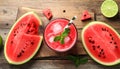 Delicious fresh watermelon drink on wooden table, top view Royalty Free Stock Photo