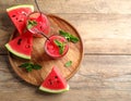 Delicious fresh watermelon drink on wooden table, top view Royalty Free Stock Photo