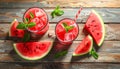 Delicious fresh watermelon drink on wooden table, top view Royalty Free Stock Photo