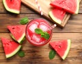 Delicious fresh watermelon drink on wooden table, top view Royalty Free Stock Photo