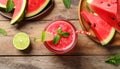 Delicious fresh watermelon drink on wooden table, top view Royalty Free Stock Photo