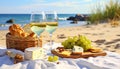 Glasses with white wine and snacks for beach picnic on sandy seashore Royalty Free Stock Photo
