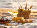 Glasses with white wine and snacks for beach picnic on sandy seashore Royalty Free Stock Photo