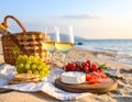 Glasses with white wine and snacks for beach picnic on sandy seashore Royalty Free Stock Photo