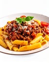 Delicious pasta bolognese isolated on a white background. Royalty Free Stock Photo