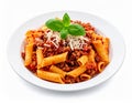 Delicious pasta bolognese isolated on a white background. Royalty Free Stock Photo