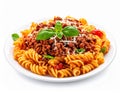 Delicious pasta bolognese isolated on a white background. Royalty Free Stock Photo