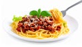Delicious pasta bolognese isolated on a white background. Royalty Free Stock Photo