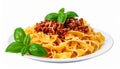 Delicious pasta bolognese isolated on a white background. Royalty Free Stock Photo