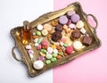Mixed candies, top view colorful mixed candies. Almond sugar, wrapped luxury chocolatte Royalty Free Stock Photo