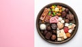 Mixed candies, top view colorful mixed candies. Almond sugar, wrapped luxury chocolatte Royalty Free Stock Photo