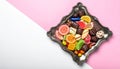 Mixed candies, top view colorful mixed candies. Almond sugar, wrapped luxury chocolatte Royalty Free Stock Photo