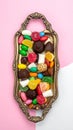 Mixed candies, top view colorful mixed candies. Almond sugar, wrapped luxury chocolatte Royalty Free Stock Photo