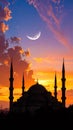 Mosque sunset sky, moon, holy night, islamic night and silhouette mosque, panaromic Royalty Free Stock Photo