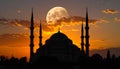 Mosque sunset sky, moon, holy night, islamic night and silhouette mosque, panaromic Royalty Free Stock Photo