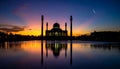Mosque sunset sky, moon, holy night, islamic night and silhouette mosque, panaromic Royalty Free Stock Photo
