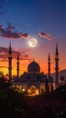 Mosque sunset sky, moon, holy night, islamic night and silhouette mosque, panaromic Royalty Free Stock Photo