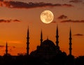 Mosque sunset sky, moon, holy night, islamic night and silhouette mosque, panaromic Royalty Free Stock Photo