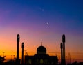 Mosque sunset sky, moon, holy night, islamic night and silhouette mosque, panaromic Royalty Free Stock Photo