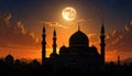 Mosque sunset sky, moon, holy night, islamic night and silhouette mosque, panaromic Royalty Free Stock Photo