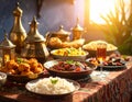 Ramadan kareem Iftar party table with assorted festive traditional Arab dishes Royalty Free Stock Photo