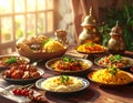 Ramadan kareem Iftar party table with assorted festive traditional Arab dishes Royalty Free Stock Photo