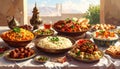 Ramadan kareem Iftar party table with assorted festive traditional Arab dishes Royalty Free Stock Photo