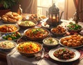 Ramadan kareem Iftar party table with assorted festive traditional Arab dishes Royalty Free Stock Photo