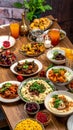 Ramadan kareem Iftar party table with assorted festive traditional Arab dishes Royalty Free Stock Photo