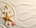 Starfishes and seashells on beach sand with wave pattern, flat lay. Space for text Royalty Free Stock Photo