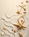 Starfishes and seashells on beach sand with wave pattern, flat lay. Space for text Royalty Free Stock Photo