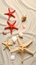 Starfishes and seashells on beach sand with wave pattern, flat lay. Space for text Royalty Free Stock Photo