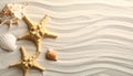 Starfishes and seashells on beach sand with wave pattern, flat lay. Space for text Royalty Free Stock Photo