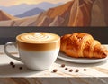 Cup of caramel macchiato and tasty pastry on table Royalty Free Stock Photo