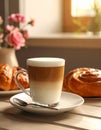 Cup of caramel macchiato and tasty pastry on table Royalty Free Stock Photo