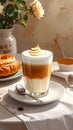 Cup of caramel macchiato and tasty pastry on table Royalty Free Stock Photo