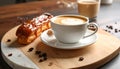 Cup of caramel macchiato and tasty pastry on table Royalty Free Stock Photo