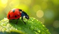 Ladybug on green leaf against blurred background, macro view. Space for text 5 Royalty Free Stock Photo