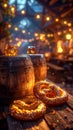 Cozy Oktoberfest Evening: Beer, Pretzels, and Barrels Royalty Free Stock Photo