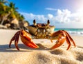 A close-up shot of a crab on a sandy beach. Funny animals in wildlife Royalty Free Stock Photo
